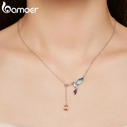 Bamoer 925 Sterling Silver Hummingbird Pendant Necklace for Women